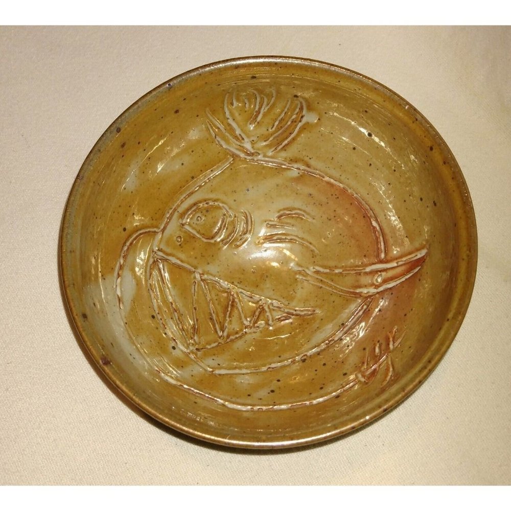 Bowl Handmade Fish Rare Clay Pottery Brown Signed Empty Bowls